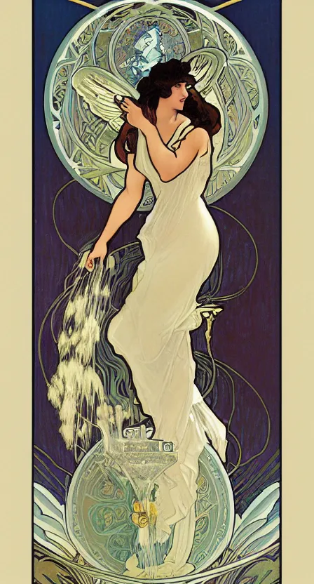 Image similar to a tarot card of a woman, hovering over water with angel wings and she is pouring water between two cups. illustrated in an art deco style by alphonse mucha and an elegant border by tamara de lempika. | studio lighting | digital painting, stunning lighting, trending on artstation