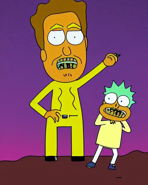 Prompt: gold guy in the style of justin roiland, cinematic lighting, style of rick & morty, photographic, photography. by justin roiland