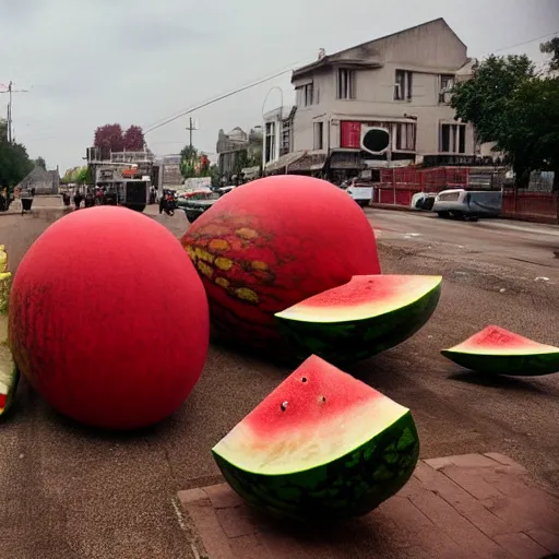 Prompt: The giant watermelon rampaged through the town, leaving a path of destruction in its wake. The townspeople were terrified. They had no idea how to stop the giant fruit.