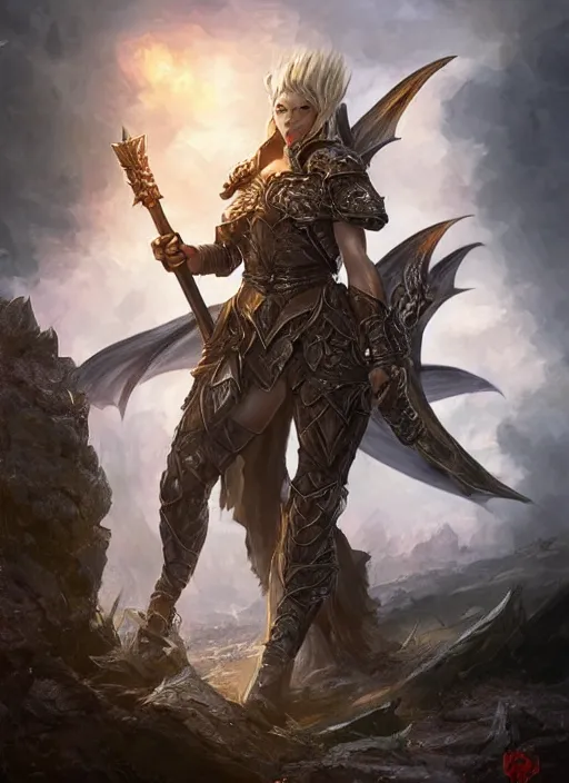 Image similar to a ruthless female paladin, full body, 8 k, hyperrealistic, dragon slayer, hyperdetailed, fantasy portrait by laura sava