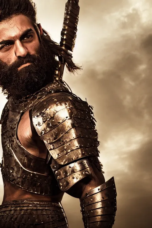 Image similar to portrait of a herculean jewish warrior. smooth iron and bronze armour. rugged young man, very beautiful. big muscles, cinematic lighting, highly detailed, full body shot. beard. bollywood action movie poster