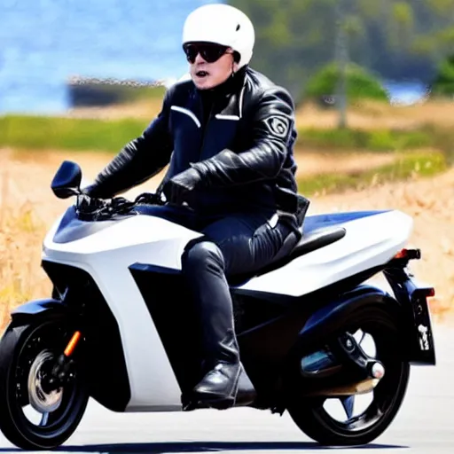 Image similar to crying elon musk riding motorcycle, hd photo