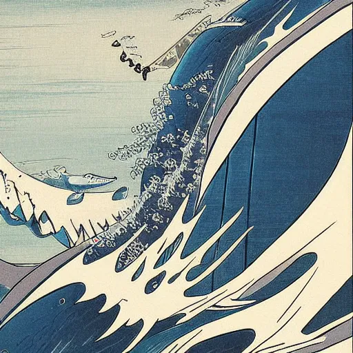 Prompt: a tornado made of sharks crashing into a skyscraper. painting in thestyle of hokusai.