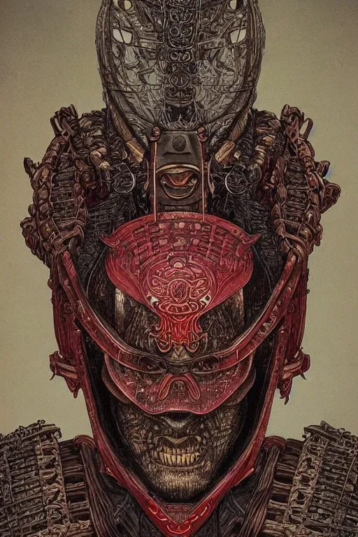 Prompt: low angle shot face portrait painting of a male samurai warrior magus by yoshitaka amano, victo ngai, terese nielsen, samurai armour by h. r. giger, in the style of dark - fantasy, intricate detail, skull motifs, red, bronze, artgerm