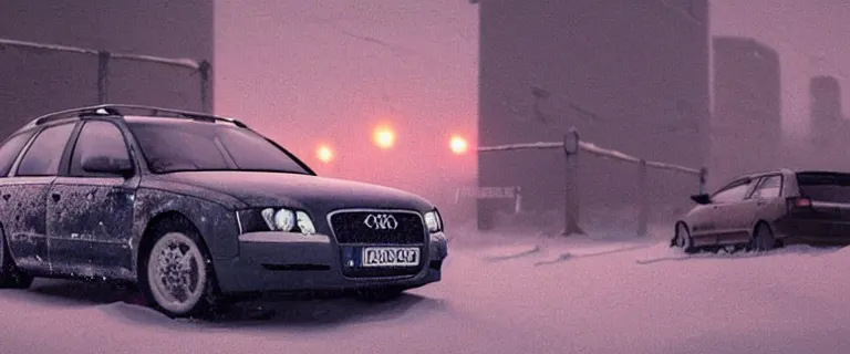 Image similar to Audi A4 B6 Avant (2002), a gritty neo-noir, dramatic lighting, cinematic, eerie person, death, homicide, homicide in the snow, viscera splattered, gunshots, establishing shot, extremely high detail, photorealistic, cinematic lighting, artstation, by simon stalenhag, Max Payne (PC) (2001) winter New York at night, In the style of Max Payne 1 graphic novel, flashing lights, Poets of the Fall - Late Goodbye