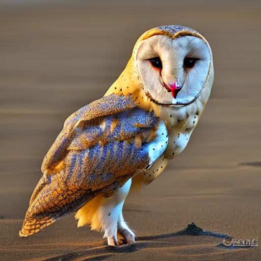 Image similar to barn owl standing in a chair at the beach, canon photo, very detailed, winning award photo, golden hour