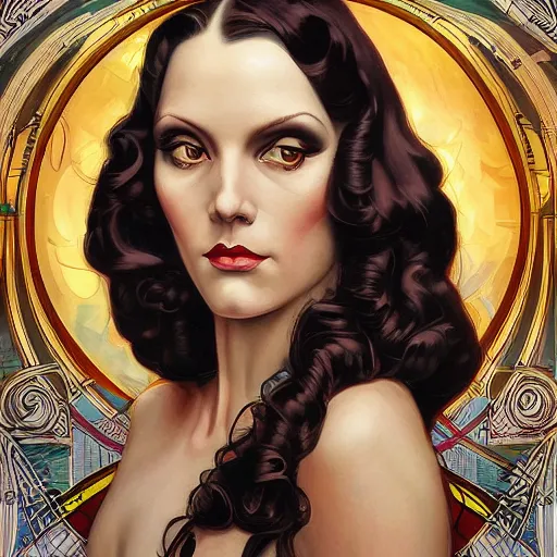 Image similar to an art nouveau, ( streamline moderne ), multi - racial portrait in the style of donato giancola and anna dittmann and charles dulac. very large, clear, expressive, and intelligent eyes. symmetrical, centered, ultrasharp focus, dramatic lighting, photorealistic digital matte painting, intricate ultra detailed background.