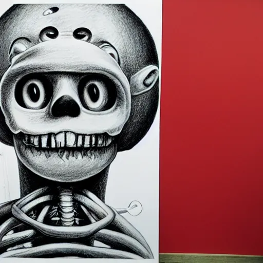 Image similar to ron english drawing teletubbies skeleton anatomy self portrait, hyperrealism