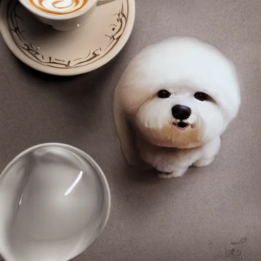 Image similar to a closeup photorealistic photograph of barista drawing bichon frise shaped latte art in a cup. professional capture, well lit shot. this 4 k hd image is trending on artstation, featured on behance, well - rendered, extra crisp, features intricate detail, epic composition and the style of unreal engine.