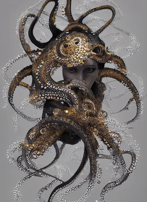 Prompt: portrait of a futuristic geisha octopus cyborg, made from million point clouds, in the style of ghost in the shell, kintsugi, modern fine art, fractal, intricate, elegant, highly detailed, digital photography, subsurface scattering, by jheronimus bosch and greg rutkowski,