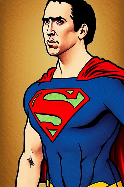 Image similar to nicholas cage as superman, in the style of art by artgerm and greg rutkowski and alphonse mucha