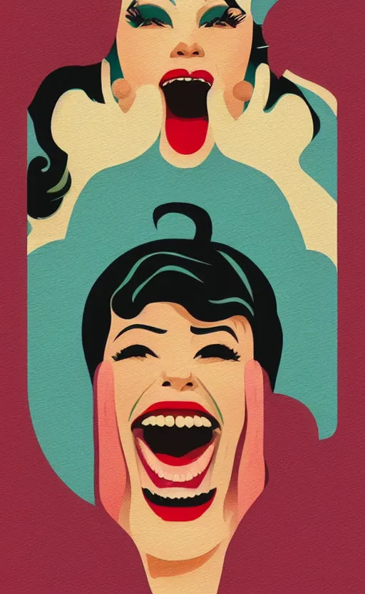 Image similar to illustration with a woman laughing out loud, art deco painting by tom whalen, funny meme photo, trending on behance, digital illustration, storybook illustration, grainy texture, flat shading, vector art, airbrush, pastel, watercolor, poster