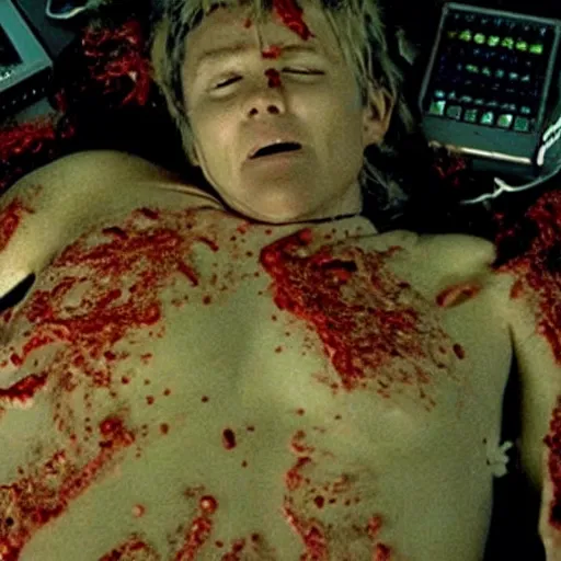 Image similar to scene from existenz, cinematic, a large box made out of human flesh, doom monster, electronic circuitry, skin, flesh!, blood, clumps of hair, lights, led, computer