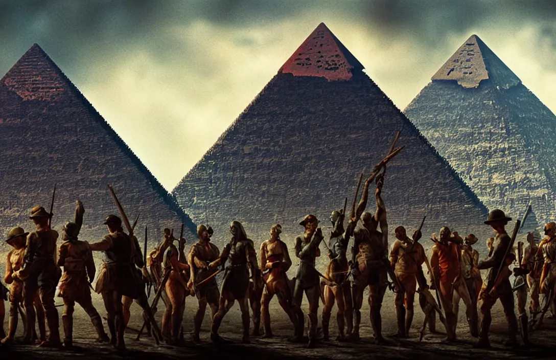 Image similar to the pyramid of figures is drawn together jan van der heyden result is a sophisticated interplay between warm, cool, light and dark colors. intact flawless ambrotype from 4 k criterion collection remastered cinematography gory horror film, ominous lighting, evil theme wow photo realistic postprocessing horrors of war futuristic painting by claude gellee