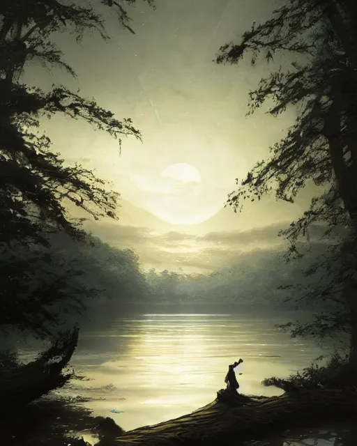 Prompt: ancient sword in the middle of a lake under a giant full moon, rippling reflections, trees and falling leaves, art by Raymond Swaziland and Greg Rutkowski, D&D, high fantasy, romantic, highly detailed, digital painting, trending on artstation, concept art, golden ratio, sharp focus, illustration, masterpiece, stunning