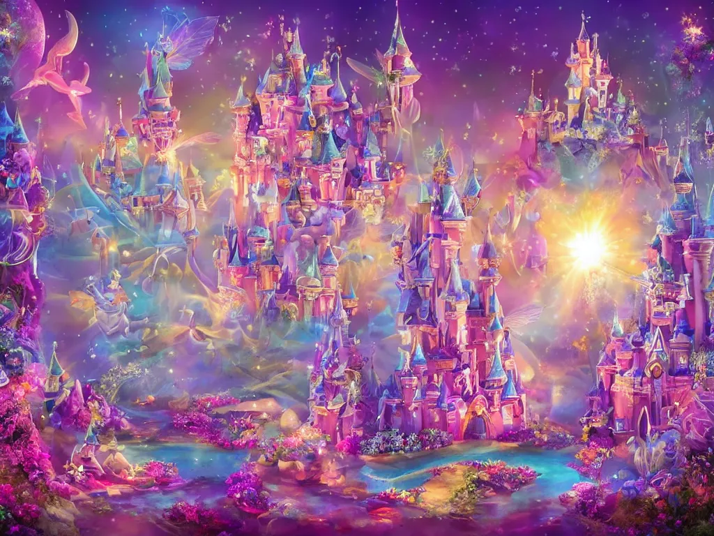 Prompt: a magical enchanted realm and land of diamonds, shine like a diamond, shine like a star, higher than the moon, and brighter than the sun, it's like a dream, it's so amazing, it's a fairy world, it's a magical sensation, it's a place where all dreams come true, it's a place full of vibrant rainbow colors