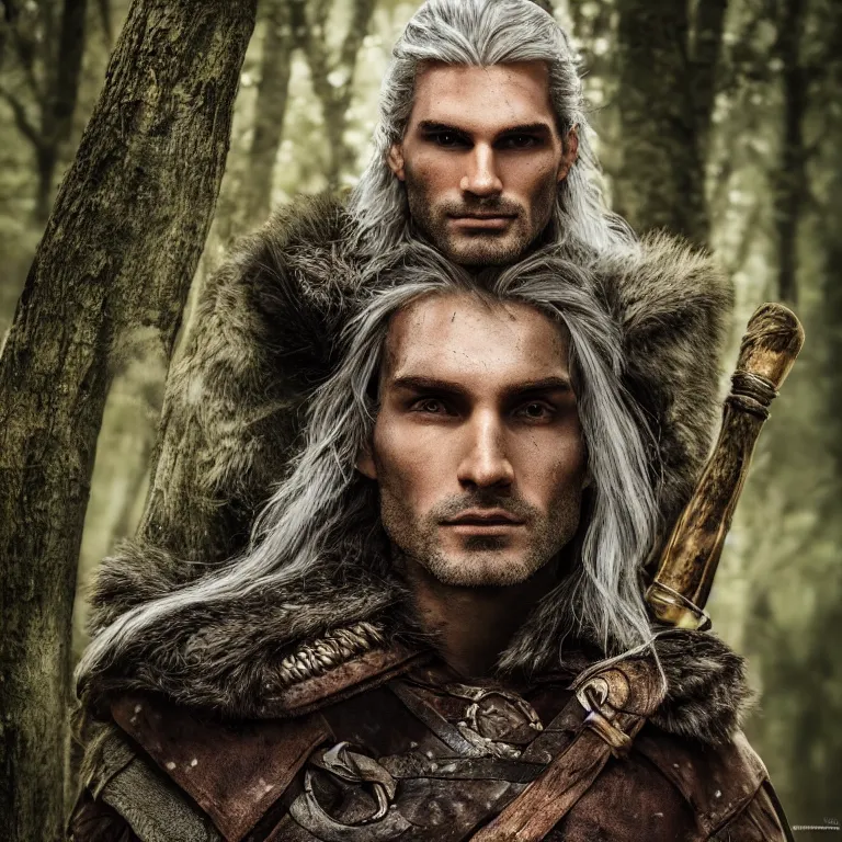 Prompt: portrait photo of a male warrior, in a forest, witcher style, highly detailed 8 k. lifelike. soft light. nikon d 8 5 0. cinematic post - processing, poster