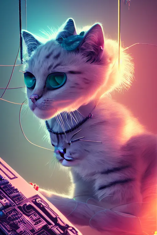 Prompt: cyborg cat, cyborg Kitten, cyborg fur baby, vapor wave, wires and resisters, ultra hd, Painted By Andreas Rocha, unreal 5, DAZ, hyperrealistic, octane render, dynamic lighting, intricate detail, summer vibrancy, cinematic