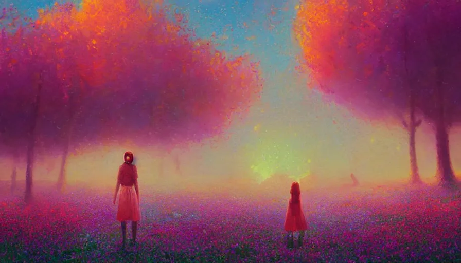 Prompt: girl with an blooming flower face, surreal photography, dream, standing in flower field, hills, big trees, sunrise dramatic light, impressionist painting, colorful clouds, digital painting, pointillism, artstation, simon stalenhag