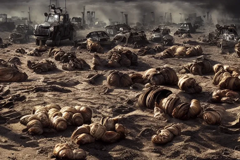 Image similar to croissant graveyard, in a dark and gritty version from the makers of mad max fury road