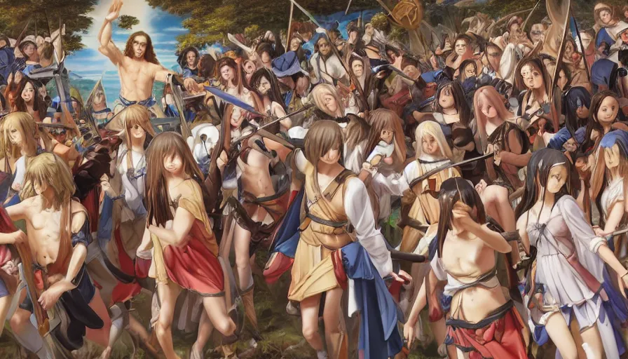 Image similar to jesus christ our lord leading an army of anime girls into battle, photorealistic, anime, mini skirt, long hair, renaissance painting, hyper real, detailed, wide angle shot, ultra detailed