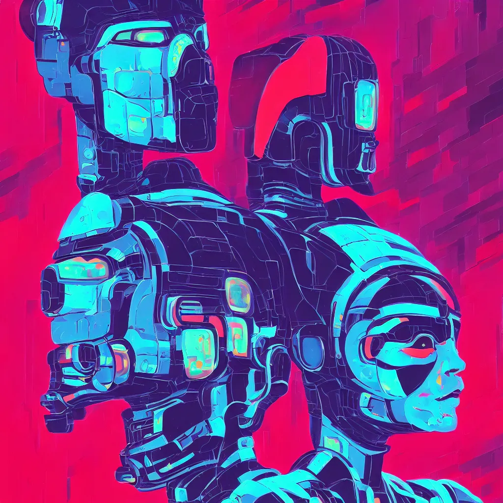 Image similar to a graph - style gouache impasto huge robot head in front of her, cyberpunk art by by james gilleard, cgsociety, retrofuturism, synthwave, retrowave, outrun