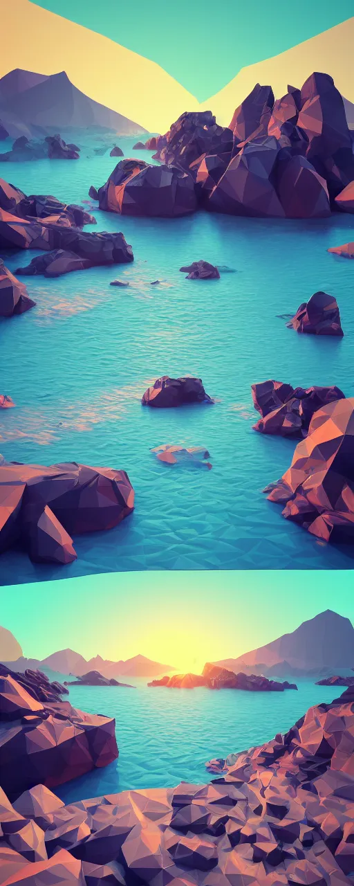 Prompt: super detailed color lowpoly art, northern sunset with rocks on front, monochrome water bay in the middle of perspective and mountains at background, graphic fishing vessels in random points, unreal engine, retrowave color palette, 3 d render, lowpoly, colorful, digital art, perspective