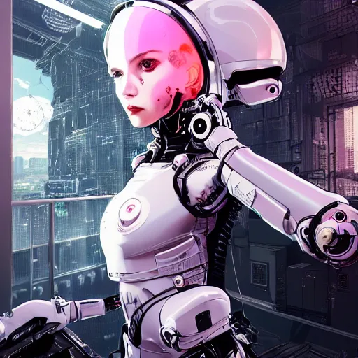 Prompt: highly detailed portrait of a post-cyberpunk robotic young lady with space helmet and wired cybernetic face modifications, skull face, robotic limbs, by Akihiko Yoshida, Greg Tocchini, Greg Rutkowski, Cliff Chiang, 4k resolution, persona 5 inspired, pristine white, pink, brown and black color scheme with sparking stray wiring