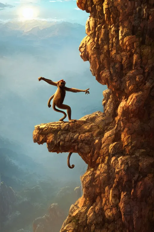 Image similar to a monkey standing at the top of a cliff throwing a bone in the air , dramatic lighting, cinematic, establishing shot, extremly high detail, photorealistic, cinematic lighting, artstation, style by James Gurney