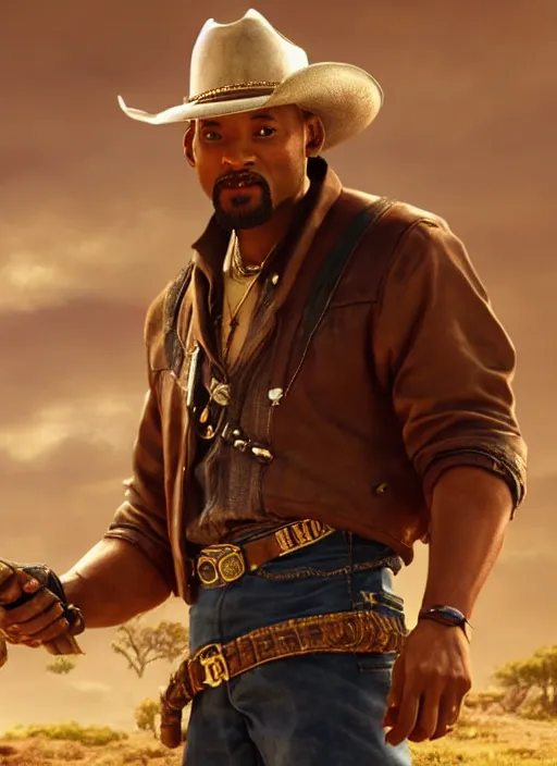 Image similar to an film still of will smith as cowboy with beard, western background, unreal engine. amazing likeness. very detailed.