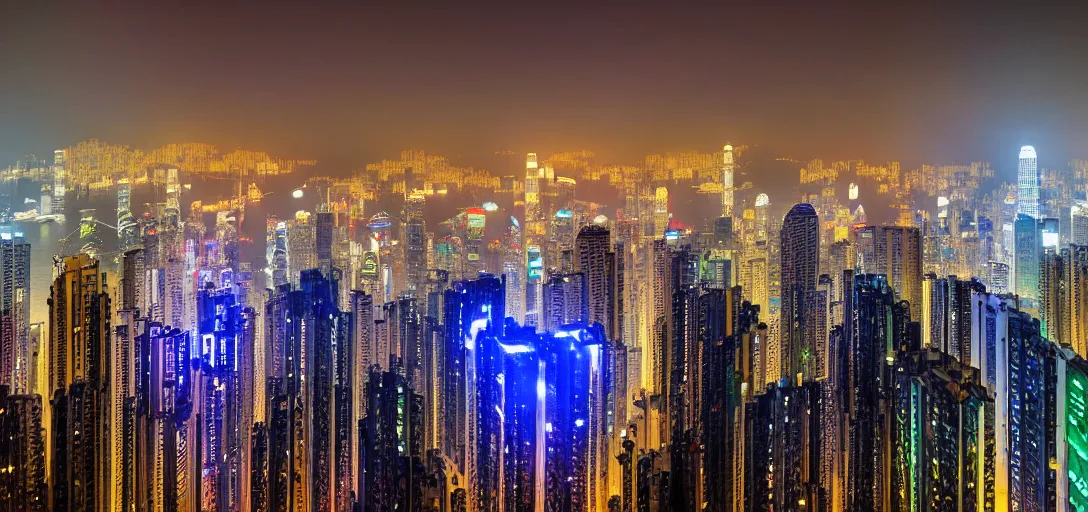 Image similar to Digital photo of a futuristic cyberpunk Hong Kong Skyline, 4K photo, award winning