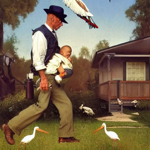 Image similar to a man is chasing away a stork. the stork is carrying a human baby. the man has a shotgun. they're in a trailer park. norman rockwell painting. highly detailed, high quality, 8 k, soft lighting, realistic face, path traced