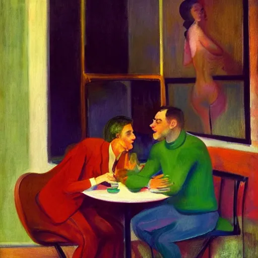 Prompt: an excited couple redefining love in a caffe surrounded by plants, expressionist painting by Francis Bacon and Edward Hopper, artstation