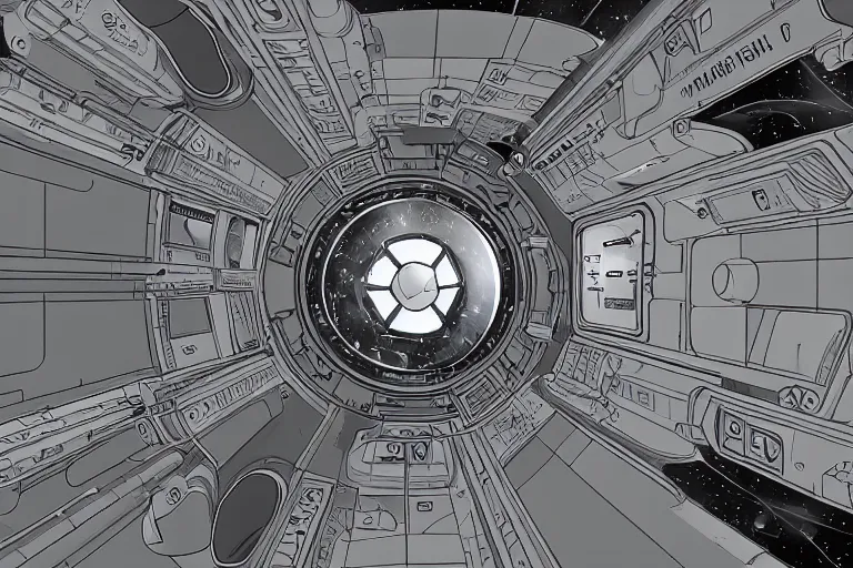 Image similar to small spaced quarters inside rocket ship with gray metallic factory engine walls and small window looking into space, details, sharp focus, intricate, high definition, movie set, retro style, 1970s, 1980s, sci-fi, digital Art, 3D, realistic photograph, lucasfilm, space odyessy