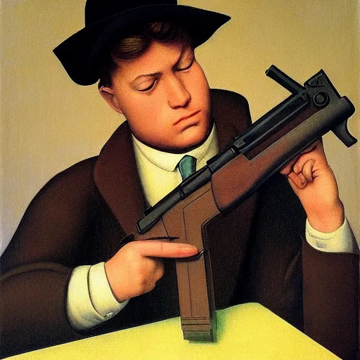 Prompt: a confused young-man weilds a gun by Raphael, Hopper, and Rene Magritte. detailed, romantic, enchanting, trending on artstation.