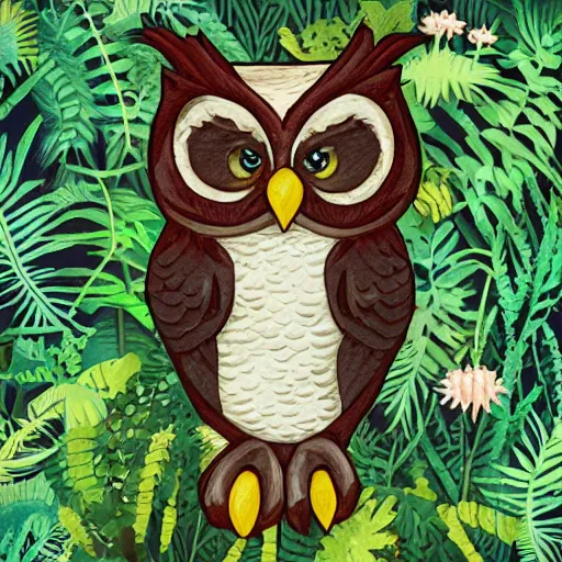 Image similar to an anthropomorphic owl in a lush forest