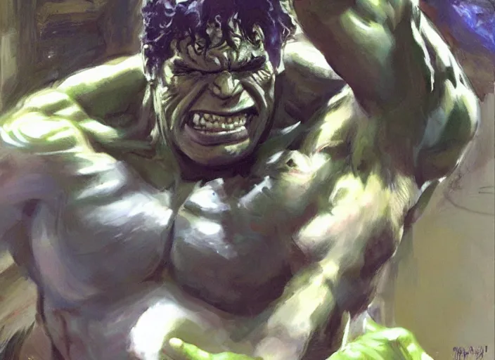 Image similar to a highly detailed beautiful portrait of mark ruffalo transforming into the hulk, by gregory manchess, james gurney, james jean