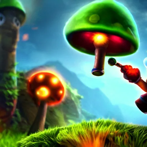 Image similar to teemo from league of legends blowing up magic mushrooms, cinematic cutscene render