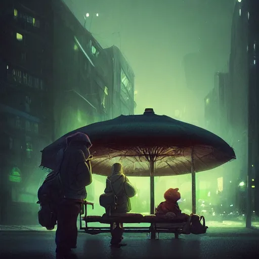 Image similar to some people waiting at bus stop in dark city night : : by beeple and james gilleard and justin gerard : :, centered, artstation, smooth, sharp focus, photoreal octane render, 3 d, by jean - baptiste monge!!!!!!!