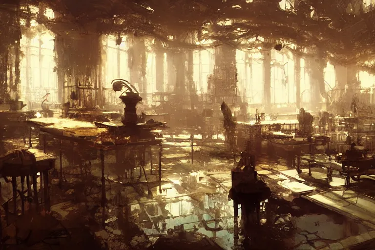 Image similar to alchemy lab interior, intricate, elegant, highly detailed, john park, craig mullins, sparth, ruan jia, jeffrey catherine jones