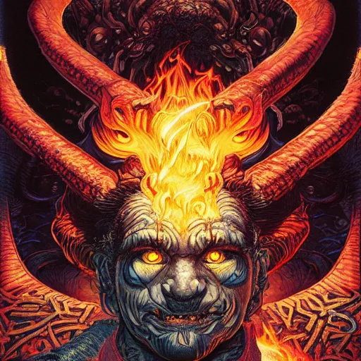 Image similar to portrait of crazy balrog with fire, symmetrical, by yoichi hatakenaka, masamune shirow, josan gonzales and dan mumford, ayami kojima, takato yamamoto, barclay shaw, karol bak, yukito kishiro