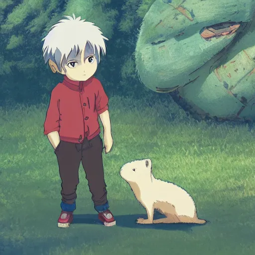 Image similar to friendly guy and small creature , with Fragile looking character portrait face made in Ghibli artstyle ,highly detailed art, beautiful scene, sharp focus, smooth, 8k, anime art,