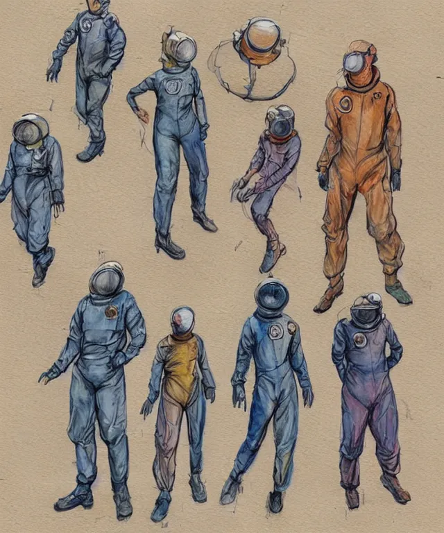 Prompt: he golden age of American illustration archive gesture drawings color pen and ink and pencil sketch character concept design game asset of sketches watercolor of a a home made 1950s style science fiction retro space suit by Stanley Artgerm Lau, WLOP, Rossdraws, James Jean, Andrei Riabovitchev, Marc Simonetti, and Sakimichan, tranding on artstation , assets, character design, tending on pinterest, trending on cgtalk, trending on concept art, trending on character design