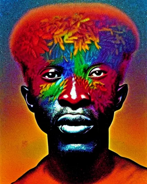 Image similar to a colorful chromatic abberation, 9 0 s toy commercial, double exposure photo from the 7 0 s, polaroid painting portrait of a african tribal warrior, by zdzislaw beksinski, by ernst haeckel