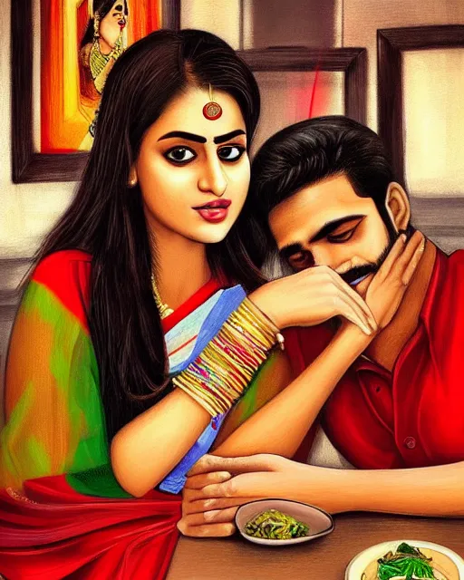 Prompt: a guy and girl on a date in a restaurant, saree, desi, art by salman toor. faithfully depicted facial expression, perfect anatomy, sharp focus, global illumination, radiant light, detailed and intricate environment, trending on artstation