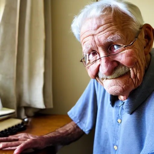 Image similar to Portrait of a very old grandpa sitting at a very old desk, with very old curtains in the room. The desk has a very old phone on it. Dusty air. Interview.