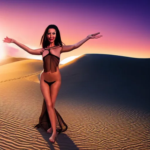 Prompt: exotic dancer beautiful woman standing behind the sand dunes in the desert on dark red sunset