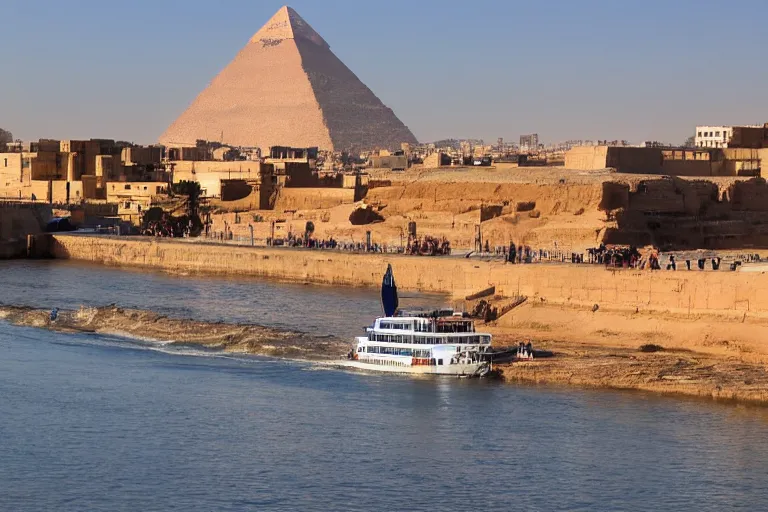 Image similar to realistic photo of the river nile, with the pyramids of giza in the background, a river flowing through the scene, cruise ship in the foreground, sun blazing in the sky