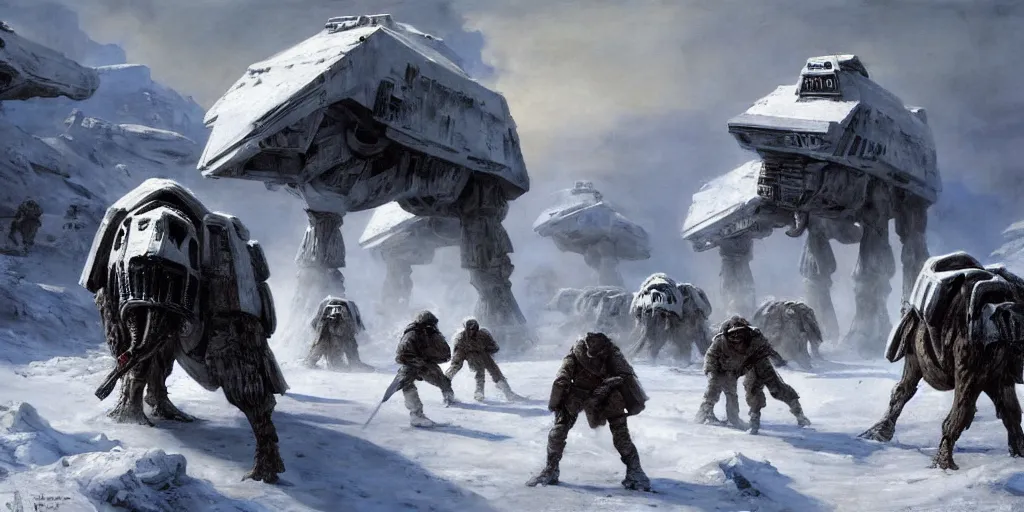 Image similar to the battle of hoth, rebel soldiers fighting enormous at - at walkers painted by jan matejko and grzegorz rutkowski. oil on canvas, sharp focus, cinematic atmosphere, detailed and intricate, perfect anatomy, detailed and intricate environment and characters