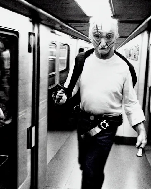 Image similar to movie villain, actor david patrick kelly practicing with his brightly glowing nunchucks while riding a subway train, movie dreamscape